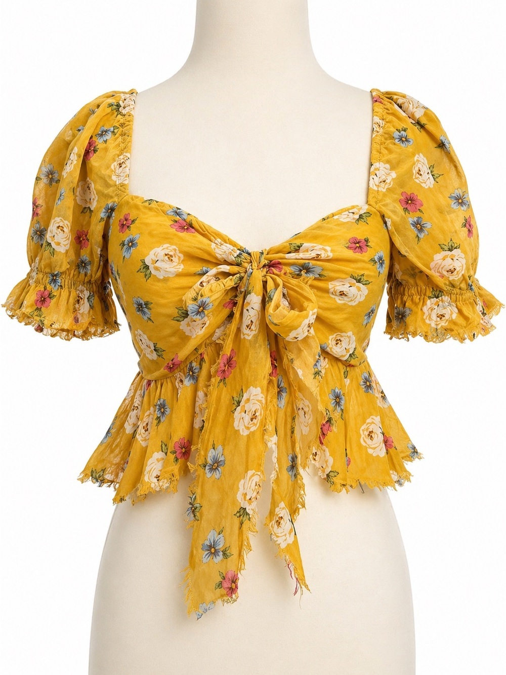 Cottagecore Floral Tie Front Crop Top Puff Sleeve Smocked Yellow S